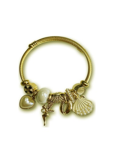 Uzel Sarı Gold Model Incili Deniz Kabuğu Charmlı Çelik Bileklik Beyaz