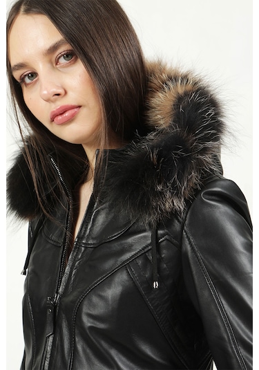 Dericlub Mistral Kadın Kapüşonlu Hakiki Deri Kaban Siyah Siyah