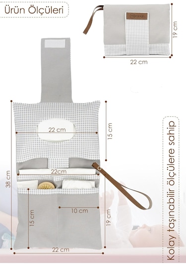 Mordesign Bebek Alt Açma Bakım Çantası, Anne Bebek Organizeri, Yıkanabilir, Kir Tutmaz, Junior Serisi, Gri Gri Zg975 Gri