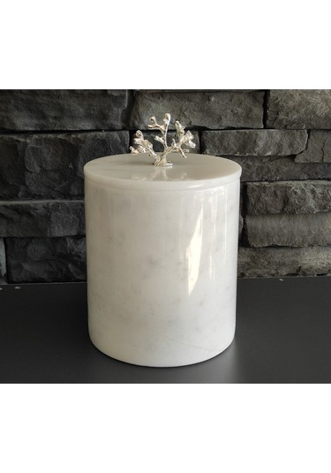 Beyaz Mermer Çöp Kovası Gümüş Renk Mercan Akseuarlı Beyaz