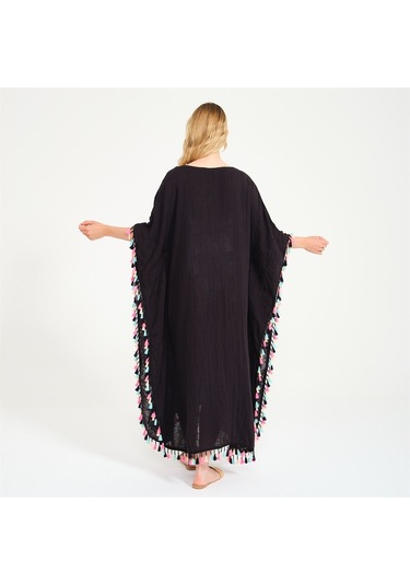 Püskül Detaylı V Yaka Uzun Plaj Elbisesi Siyah-Standart Siyah