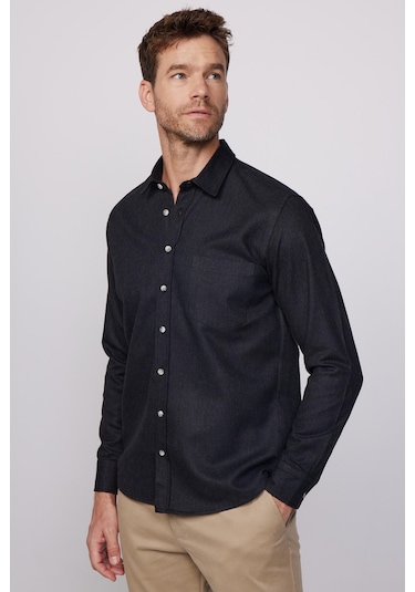 Tudors Klasik Fit Armürlü Spor Yaka Düz Oduncu Siyah Erkek Gömlek-28599-siyah Siyah