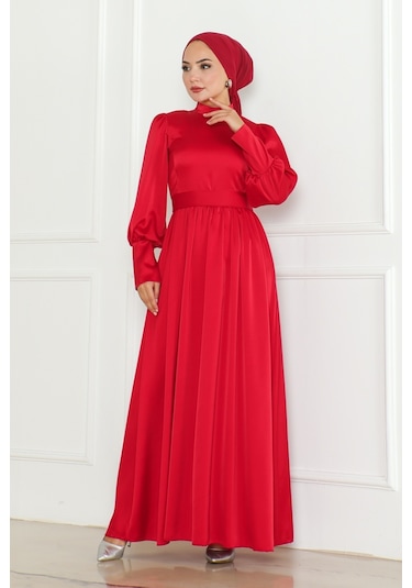 Kuşaklı Saten Abiye 1136 - Kırmızı