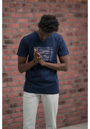 Slim Fit Sıfır Yaka Baskılı Pamuklu T-shirt Lacivert