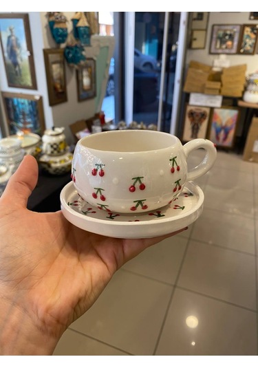 Seramik El Yapımı Fincan Takımı 2'li Set Kiraz Desenli Beyaz - Kırmızı