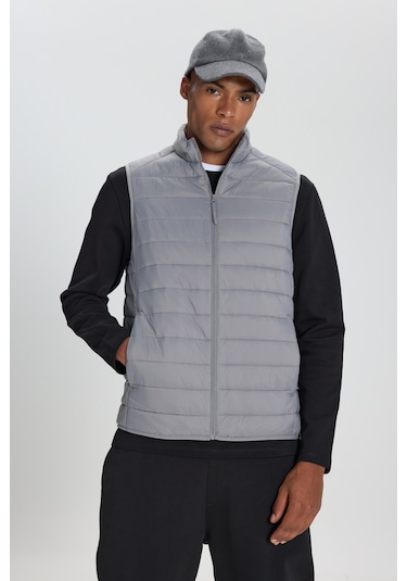 AC&Co / Altınyıldız Classics Erkek Rüzgar Geçirmez Taşınabilir Çantalı Sıcak Tutan Elyaf Dolgulu Ultra Hafif Standart Fit Şişme Yelek Gri