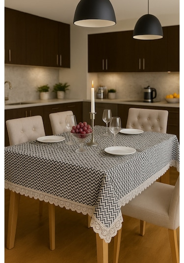 Lüks Modern Masa Örtüsü -leke Tutmaz Su Geçirmez Dantel Detaylı Detaylı Masa Örtüsü Beyaz