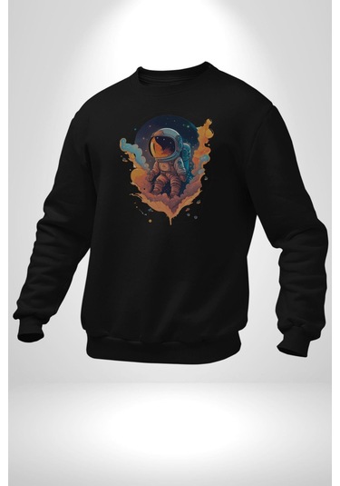 Bulutlar Astronot Uzay Unisex Siyah Baskılı Sweatshirt Siyah