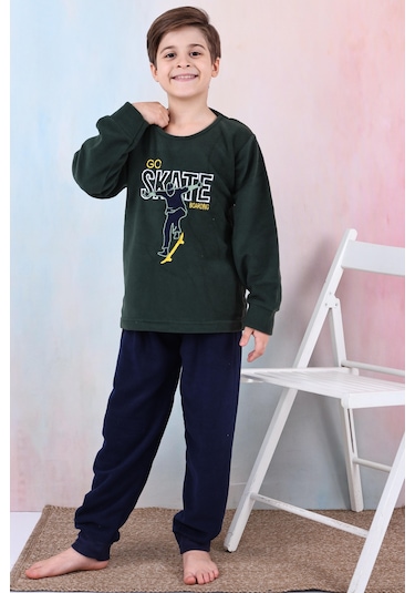 Yeni Sezon Sonbahar/kış Erkek Çocuk Skate Desenli Polar Pijama Takımı 4515 Haki Yeşili