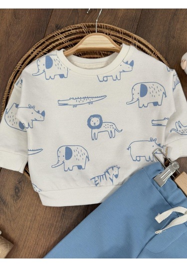 Safari Baskılı Mevsimlik Erkek Bebek 2li Takım Mavi