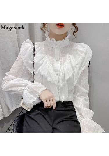 Moda Fırfır Vintage Bluz Kadınlar Zarif Uzun Kollu Dantel Gömlek Gevşek Şifon Gömlek Standı Yaka Pilili Blusas Tops 15832 Kayısı Açık Bej