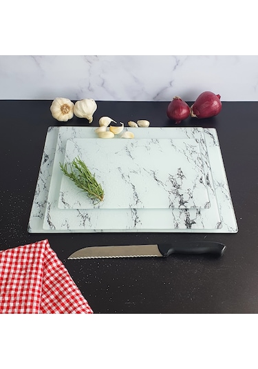 Decorita Cam Kesme Tahtası | Beyaz Mermer Görünümlü | 3'lü Takım