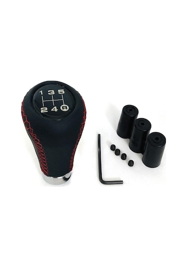 Novahub Kırmızı Araç Manüel Vites Topuzu Shifter Siyah Deri Kırmızı Dikiş 5 Hız Evrensel 8mm 10mm 12mm Kırmızı