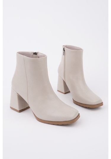 Muggo Divina Küt Burun Kalın Topuklu Fermuarlı Kadın Bot Ten