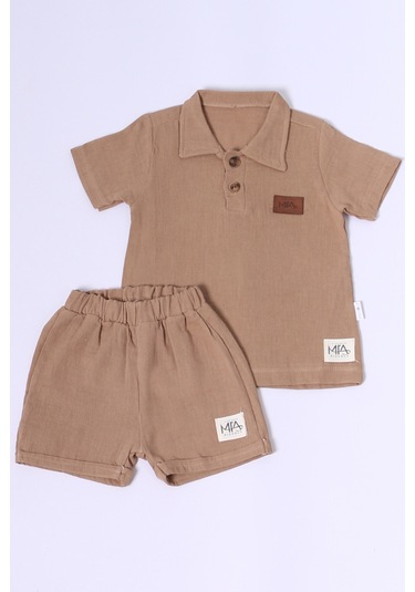 Erkek Bebek Şortlu Takım Polo Yaka Düğmeli Düz Renk E8 kahverengi