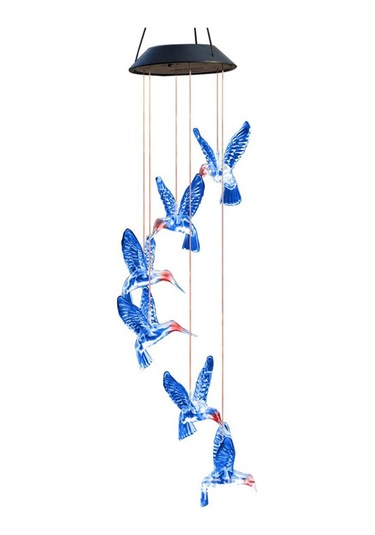 Dianziye Güneş Enerjili Renkli Bahçe Dekorasyonu, Kuş Figürlü Asılı Aydınlatma Ve Rüzgar Çanı Mavi