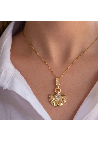 Paslanmaz Çelik Kadın Kolye, Altın Kaplama Yelpaze Kolye K-129 Altın