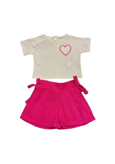 Kız Bebek Kalpli T-shirt Keten Şortlu Takım-13875 Bej