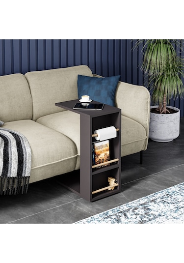 Tekerlekli Yan Sehpa Rulo Havlu Takılabilir Koltuk Sehpası C Sehpa Zigon Sehpa Antrasit Gri