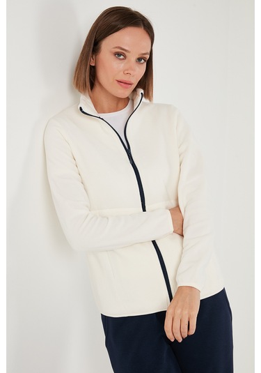 Lela Slim Fit Anti-Pilling Tüylenme Yapmayan Fermuarlı  Polar Bayan Hırka 5907012 Ekru