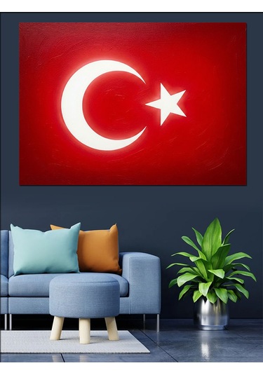 Parlak Ay Yıldız Detaylı Türk Bayrağı Dekoratif Kanvas - Mdf Ahşap Tablo