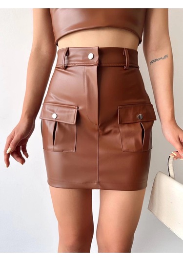 Önden İki Cepli Deri Etek Kahve H240040 Kahve