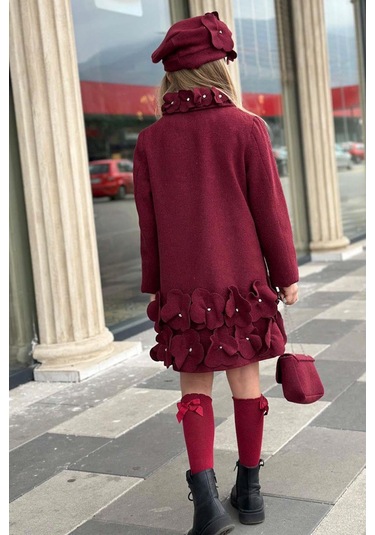 Riccotarz Kız Çocuk Yakası Taş Ve Yonca Detaylı Çıtçıt Düğmeli Bordo Kaşe Bordo