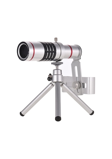Yaozixa 18x Uzun Mesafe Telefoto Lens - Universal Telefon Kameraya Takılabilir - Gümüş Renk - Manuel Odaklama - Alüminyum Kasa + Optik Cam Lens