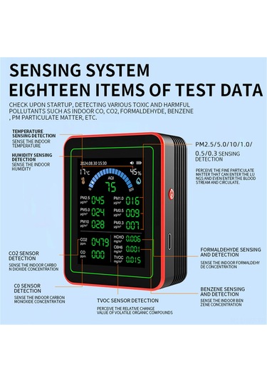 Wezone Zn-mt32 Siyah Standlı Hava Kalitesi Testeri: Co2, Pm2.5, Hcho, Isı-nem Ölçümü Ve Veri Depolama/download Özellikli 18'li Fonksiyonlu Cihaz