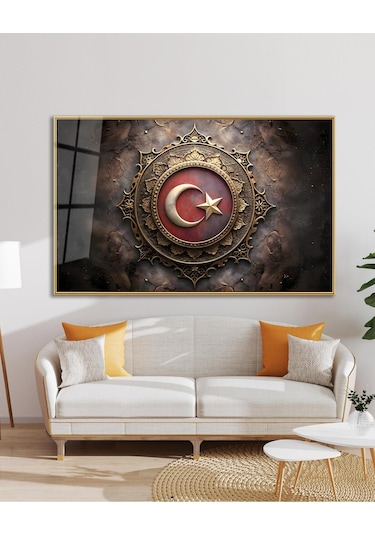 Modern Türk Bayrağı Cam Tablo Ev Ofis Makam Odası Büyük Boy Duvar Dekoru