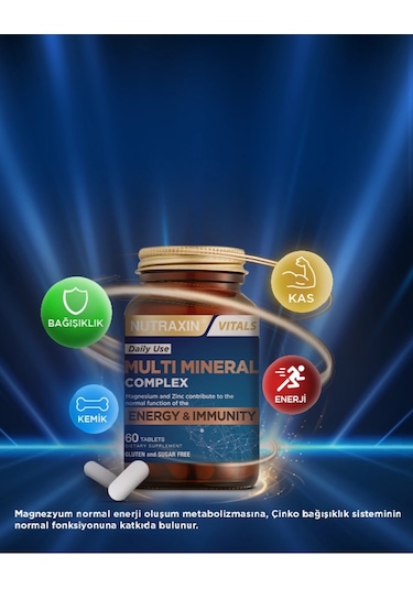 Nutraxin Multimineral Complex 60 Tablet Magnezyum, Kalsiyum, Çinko, Demir, İyot, Krom