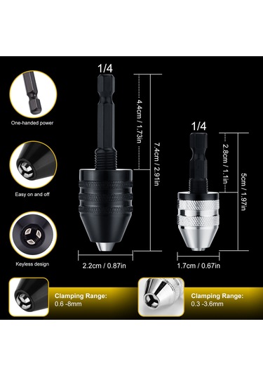 Geeksen "2'li Set Anahtarsız Matkap Mandreni - 0.3-3.6mm & 0.8-8mm, Hızlı Bit Değişimi, Tüm Elektrikli Aletlerle Uyumlu"