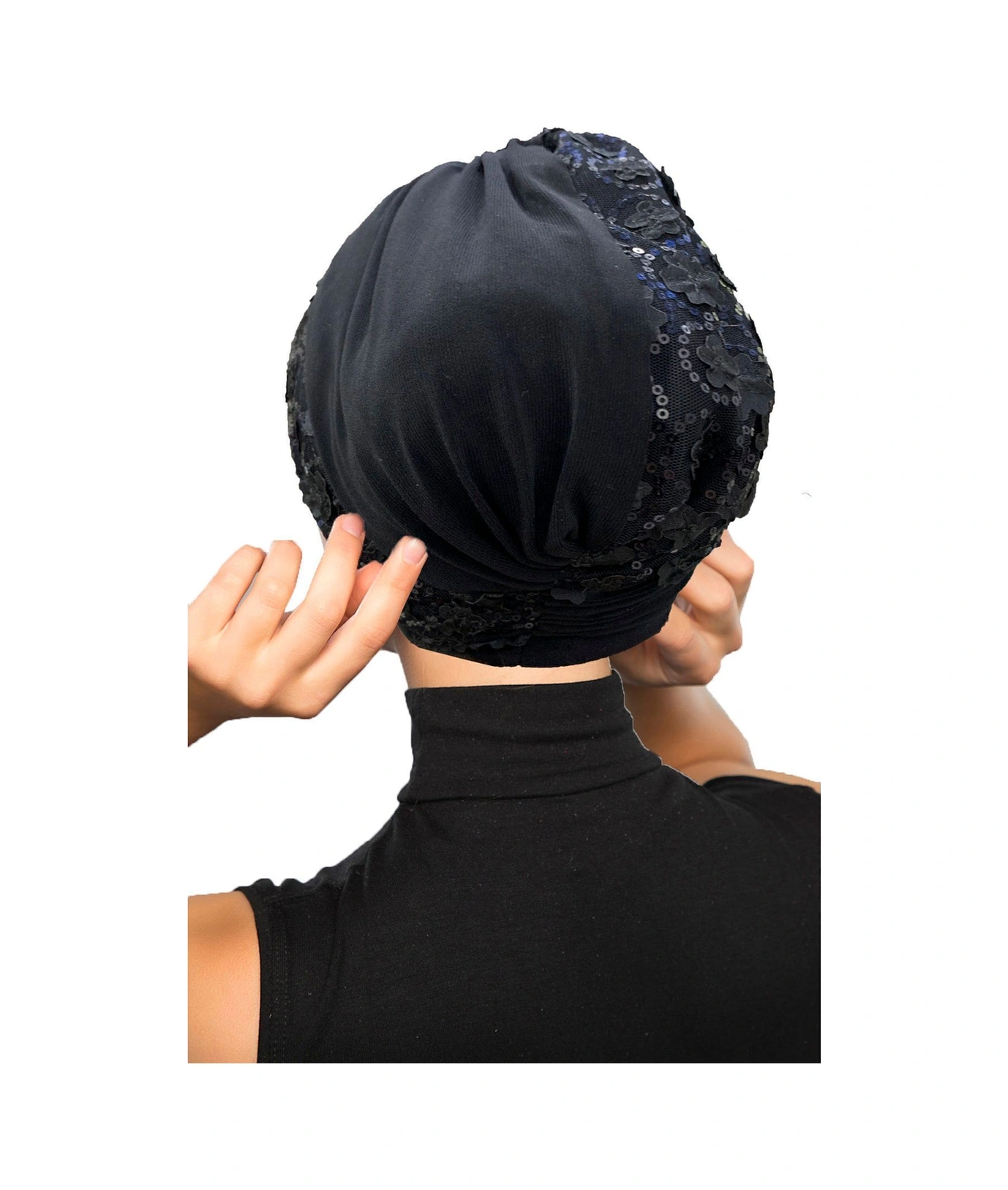 Özel Tasarım Siyah Pullu-dantel Çiçek Motifli Astarlı Hazır Türban Tesettür Abiye Bone Siyah26