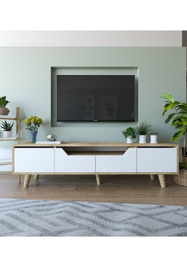Roma Ahşap Ayaklı Tv Ünitesi Tv Sehpası Safir Meşe - Beyaz