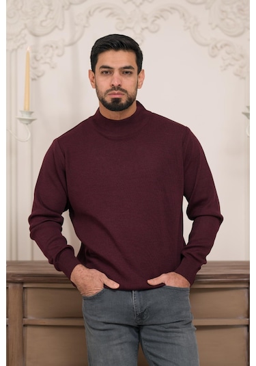 Woolen World Balıkçı Yaka Kalın Yünlü Erkek Triko Kazak Bordo