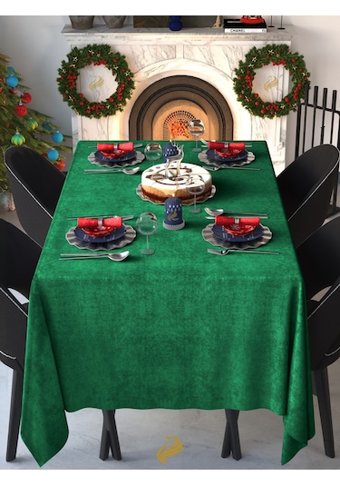 Kadife Dokulu Çam Yeşili Dertsiz Masa Örtüsü Çam Yeşili