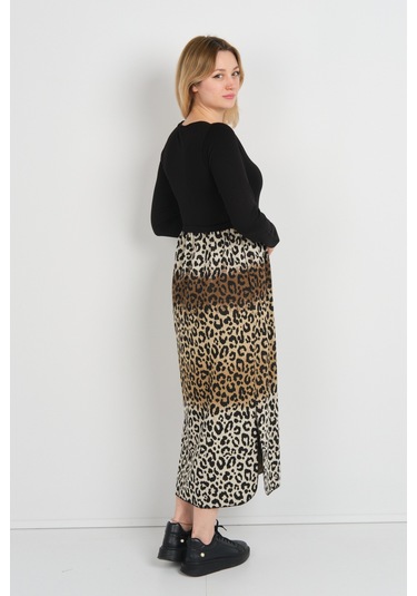 Sistas Kadın Leopar Desenli Yanları Yırtmaçlı Bisiklet Yaka Elbise 24922 Kahve-bej Kahve-bej