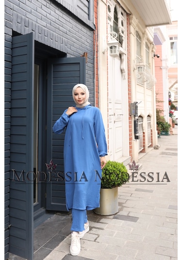Kadın Mavi Aerobin Uzun Kapşonlu İkili Takım T0219 Mavi