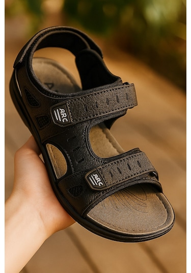 Günlük Erkek Sandalet Kalın Ortopedik Dikişli Taban Cırtlı Havuz Deniz Ayakkabısı 5201 Siyah