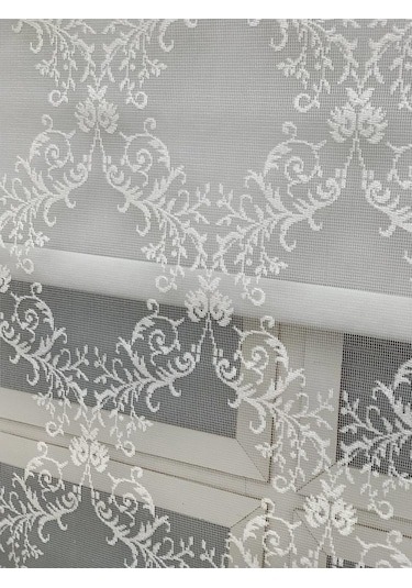 Ekru Renk Damaks Osmanlı Desen Çift Mekanızmalı Tül Stor Perde