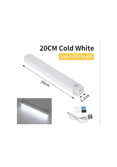 20 Cm Beyaz Işık Hareket Sensörlü Dolap İçi Çalışma Masası Mutfak Tezgah Altı Usb Led Işık Çok Renkli