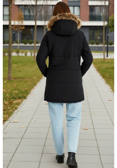 Kışlık Tasarım Suni Kürk Yaka Siyah Kadın Mont Siyah