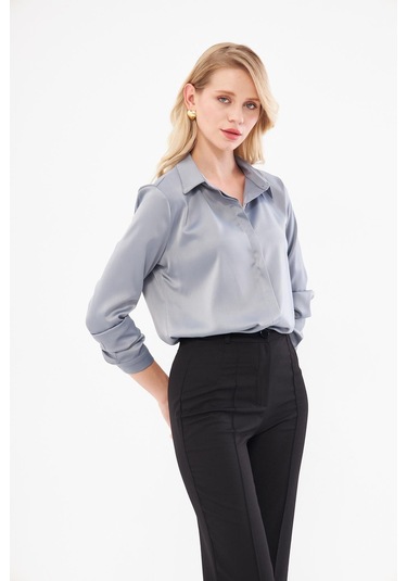 Klasik Saten Gömlek Gri Gri