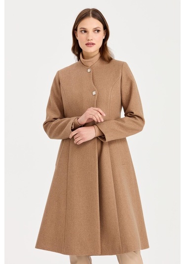 Broş Düğme Detaylı Ara Boy Kaban Taba-taba Taba