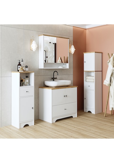 Oval Lavabolu Mdf 80 Cm Çekmeceli Banyo Dolabı Atlantik Çam - Beyaz