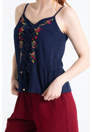 Askılı Şile Bezi Bihter Nakışlı Yazlık Bluz Lacivert Lcvt-lacivert