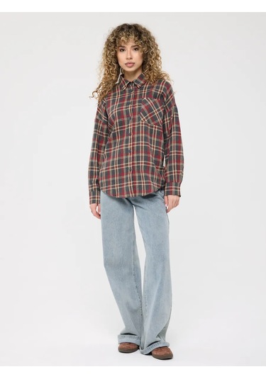 Uzun, Oversize Kareli Gömlek 377355034 Sivri Mor Melanj