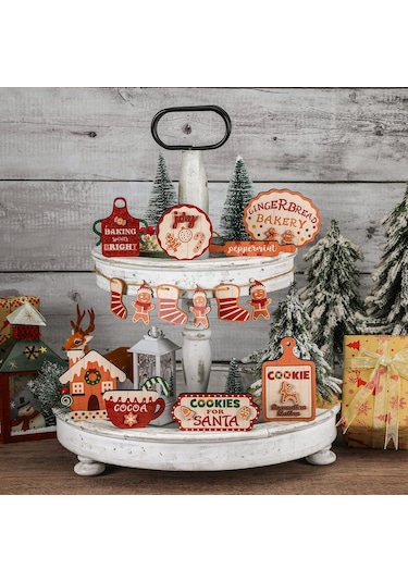 Hyt Noel Tiered Tray Noel Katmanlı Palet Ahşap Süslemeler Noel Hediyesi Kar Tanesi Dekor