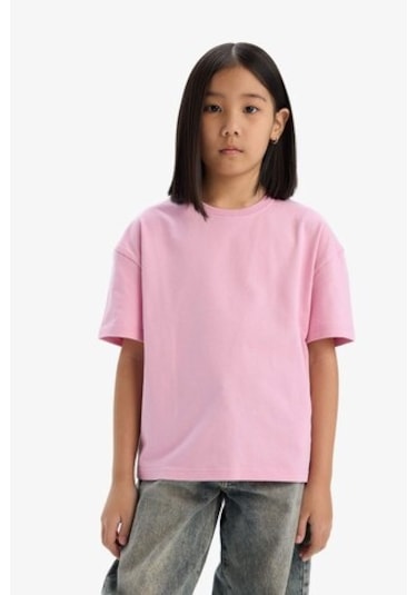DeFacto Kız Çocuk Relax Fit Bisiklet Yaka Basic Düz Kısa Kollu Tişört D9099A825SMPN444 Pembe