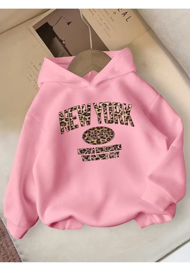 Kışlık Kapüşonlu Sweatshirt, Çocuk Leopar New York Pembe